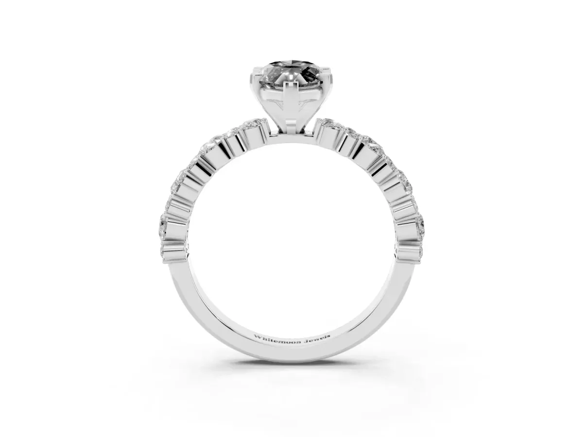 Fancy Black Marquise Cut Diamond Side Stone Solitaire Ring with Round and Four-Prong Setting Silver