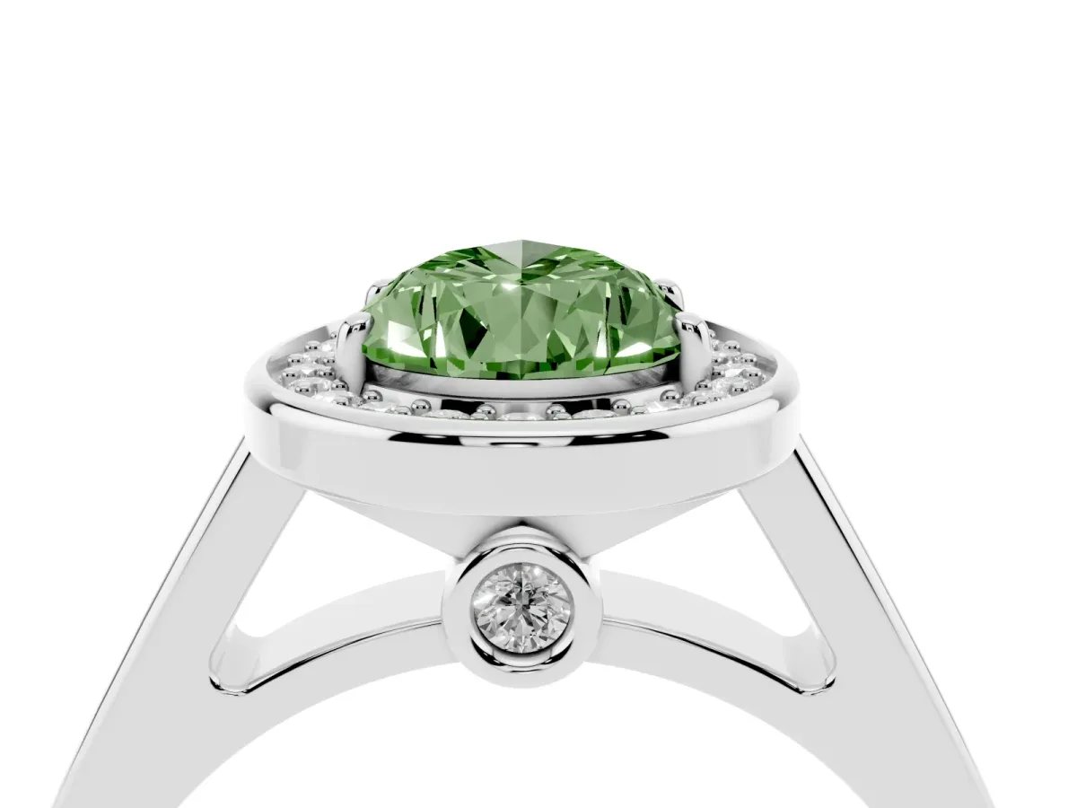 Fancy Green Pear Cut Halo Solitaire Diamond Ring with Pave Band and Bezel Setting Silver