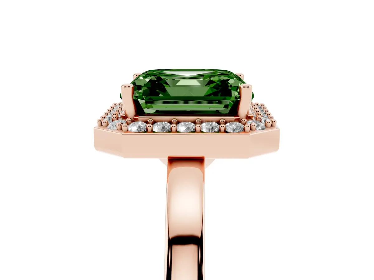 Fancy Green Asscher Cut Halo Diamond Ring with Solitaire Band and Prong Setting Rose gold