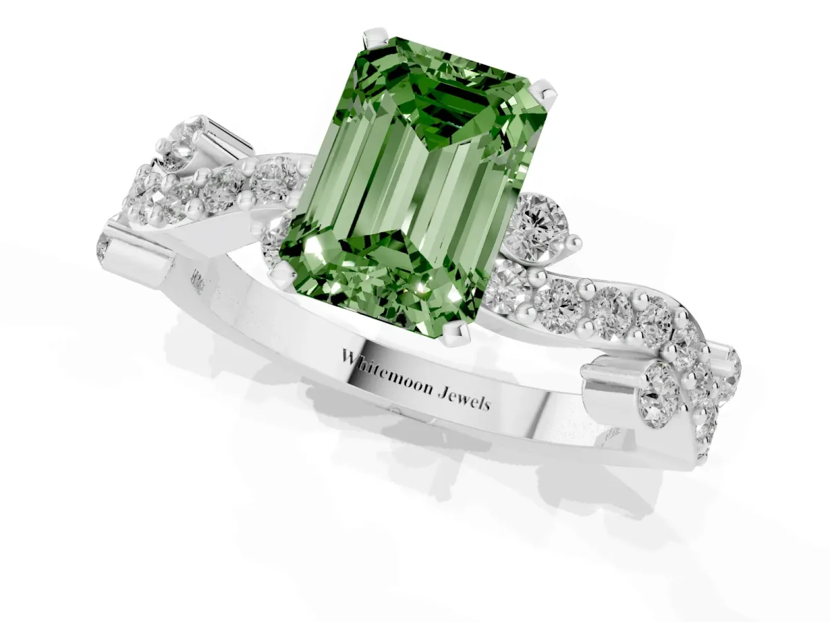 Fancy Green Emerald Cut Cut Solitaire Diamond Twisted Band with Pave Setting Platinum