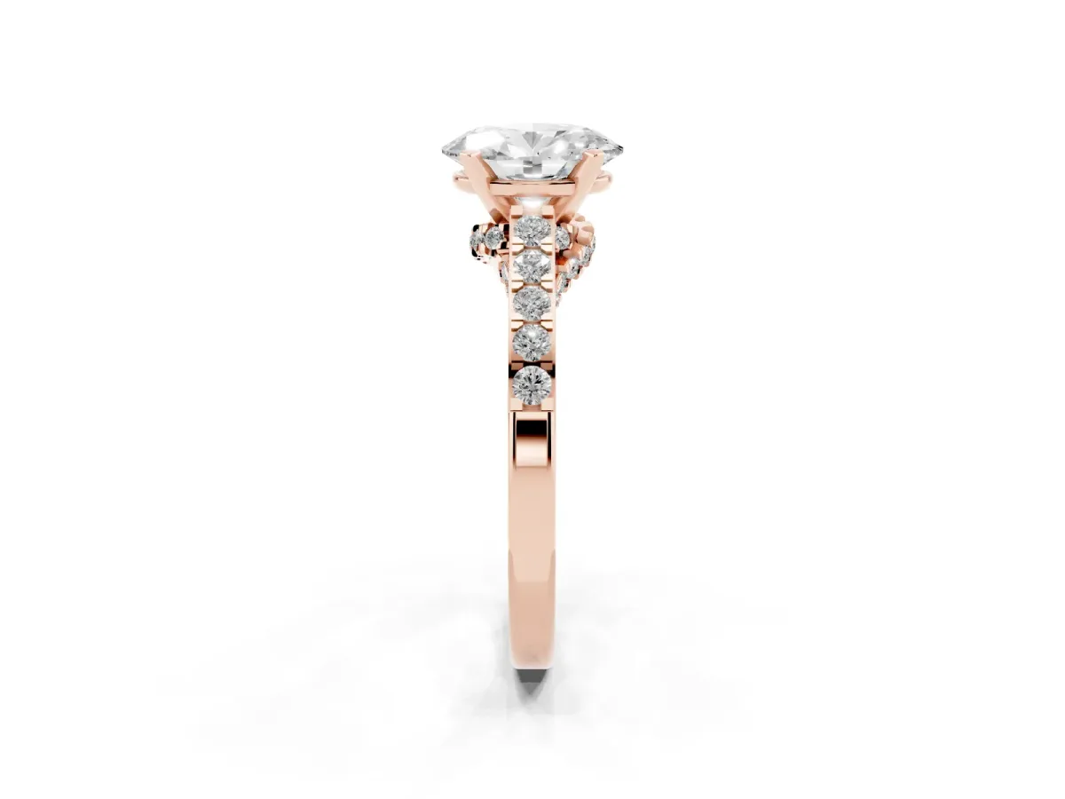 Oval Cut Diamond Solitaire Ring with Crossover Gallery and Round Pavé Band Rose gold