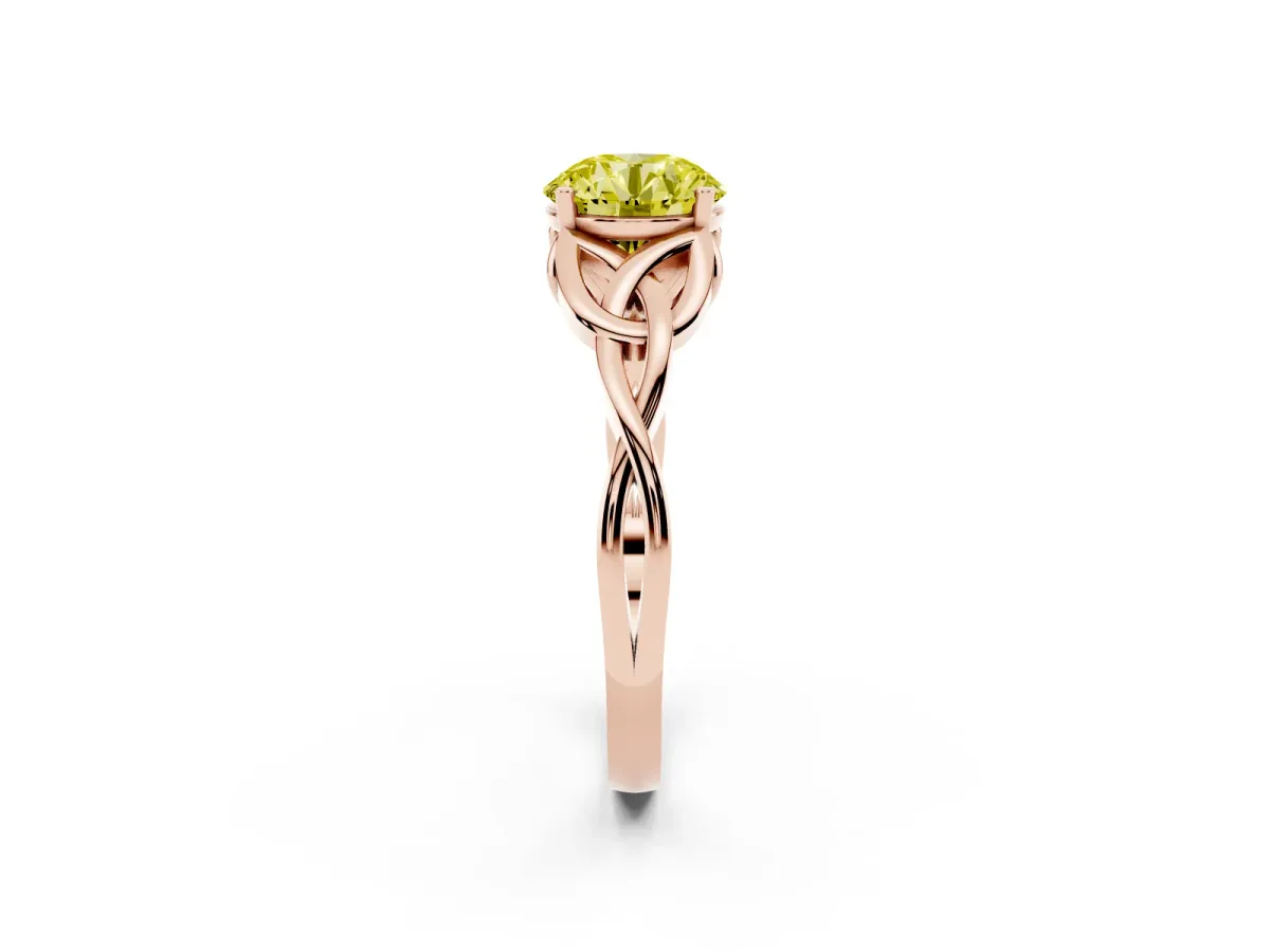 Fancy Yellow Round Cut Diamond Solitaire Engagement Ring with Celtic Knot Band and Four-Prong Setting Rose gold