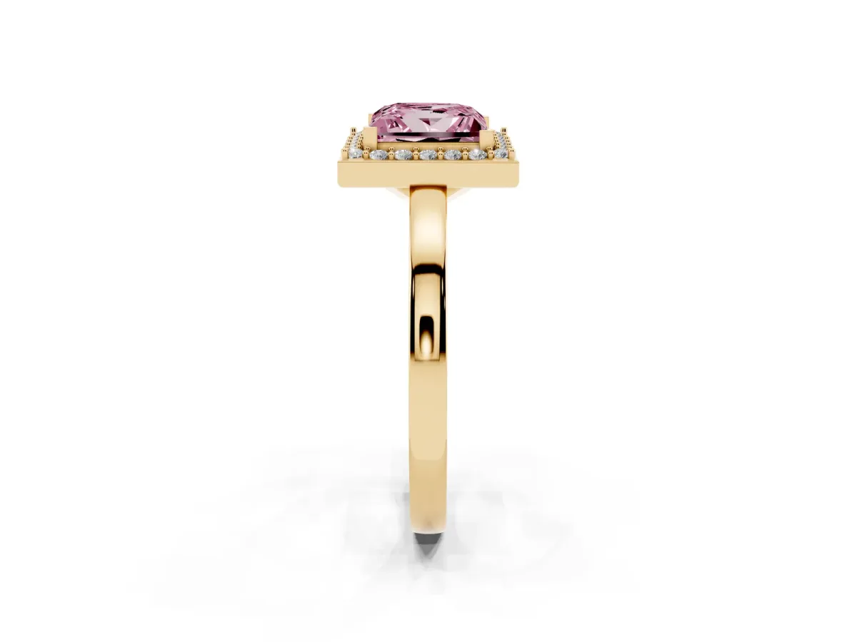 Fancy Pink Princess Cut Halo Diamond Ring with Solitaire Band and Prong Setting Yellow gold