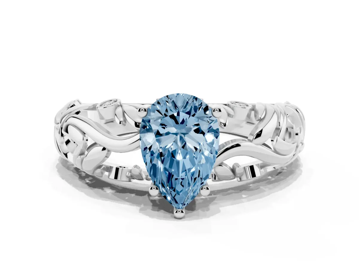 Fancy Blue Pear Cut Solitaire Diamond Leaf-Inspired Vine Band Ring with Prong Setting Silver