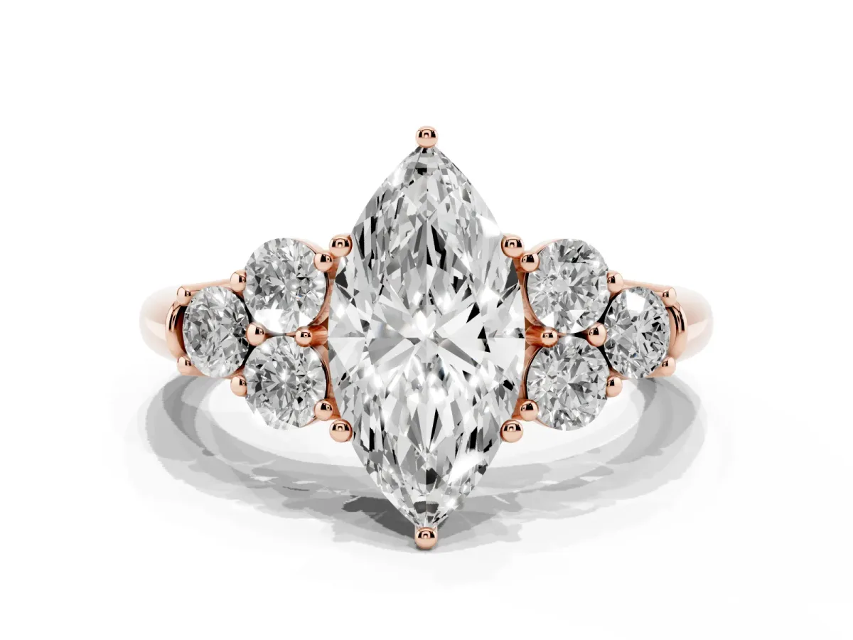 Marquise Cut Cut Diamond Cluster Ring with Round Accent Stones and Prong Setting on a Classic Band Rose gold