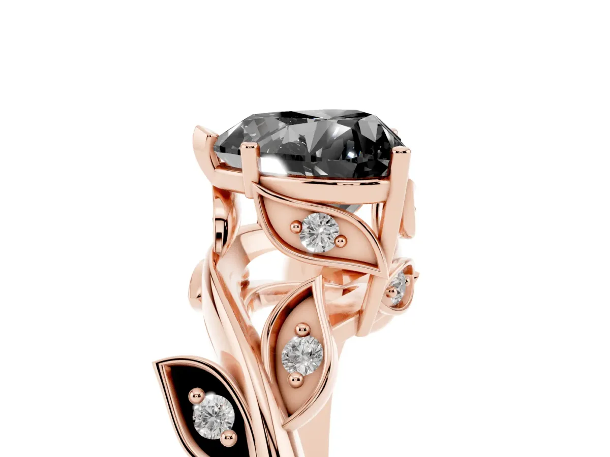 Fancy Black Heart Cut Solitaire Twist Engagement Ring with Leaf Accents and Prong Setting Rose gold