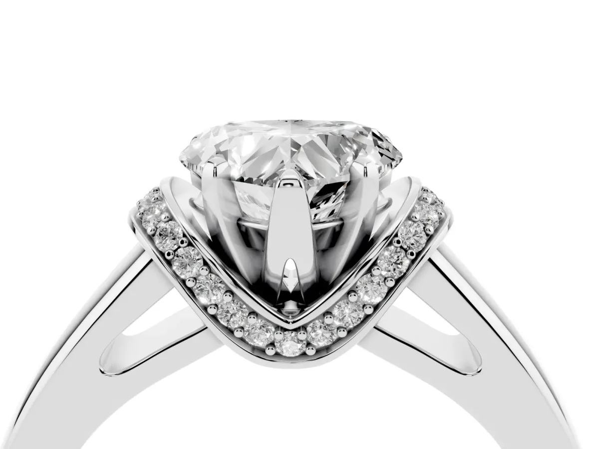 Heart Cut Solitaire Diamond Ring with Pave Band and Six-Prong Setting Silver