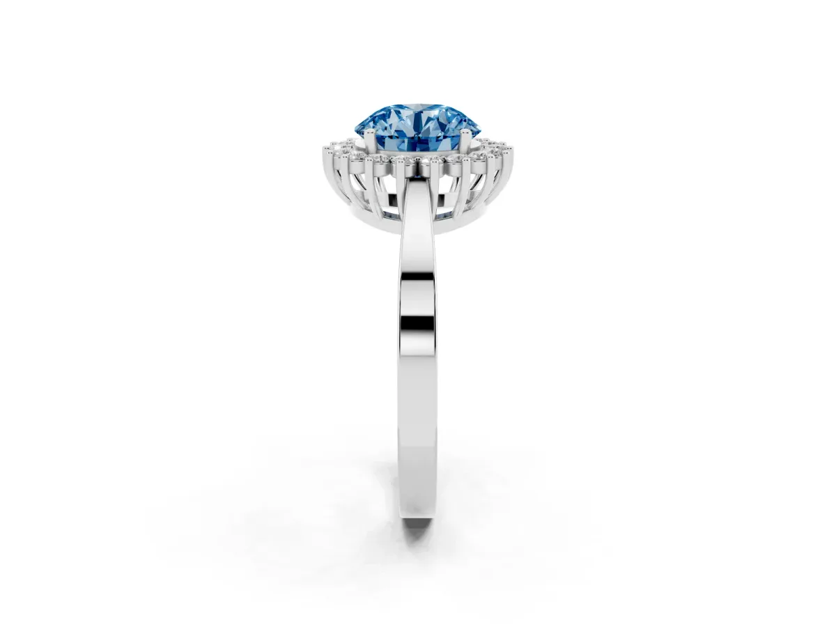 Fancy Blue Round Cut Cut Diamond Halo Ring with Round Brilliant Halo and Solitaire Band Silver