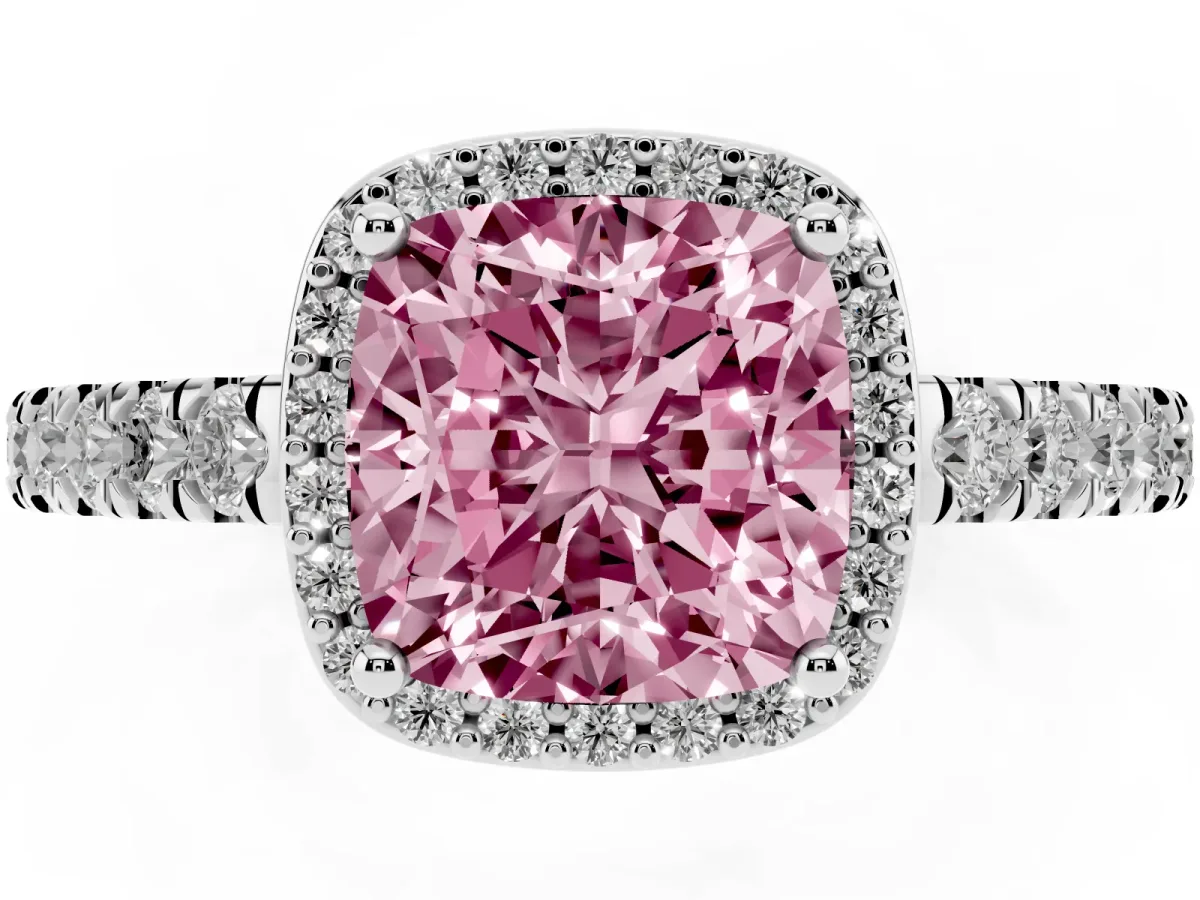Fancy Pink Cushion Cut Cut Halo Diamond Engagement Ring with Pave Band and Four-Prong Setting Silver