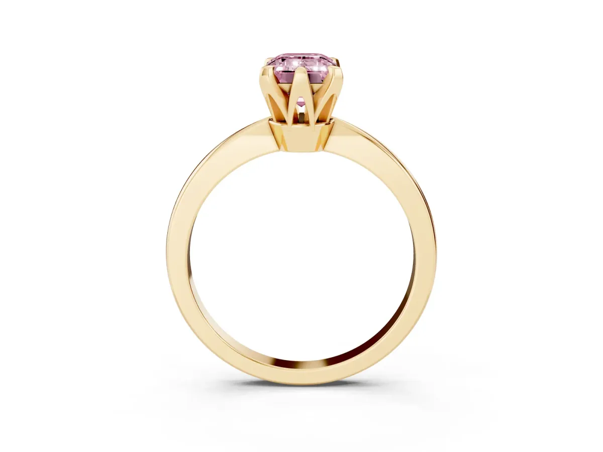 Fancy Pink Emerald Cut Solitaire Engagement Ring with Six-Prong Setting and Tapered Band Yellow gold