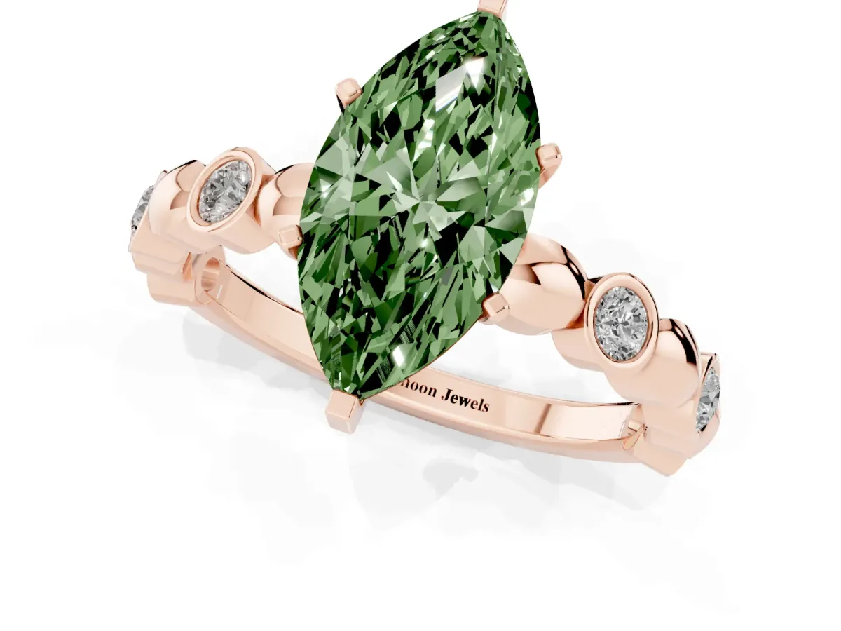Fancy Green Marquise Cut Solitaire Bezel-Set Diamond Ring with Beaded Band and Four-Prong Setting Rose gold