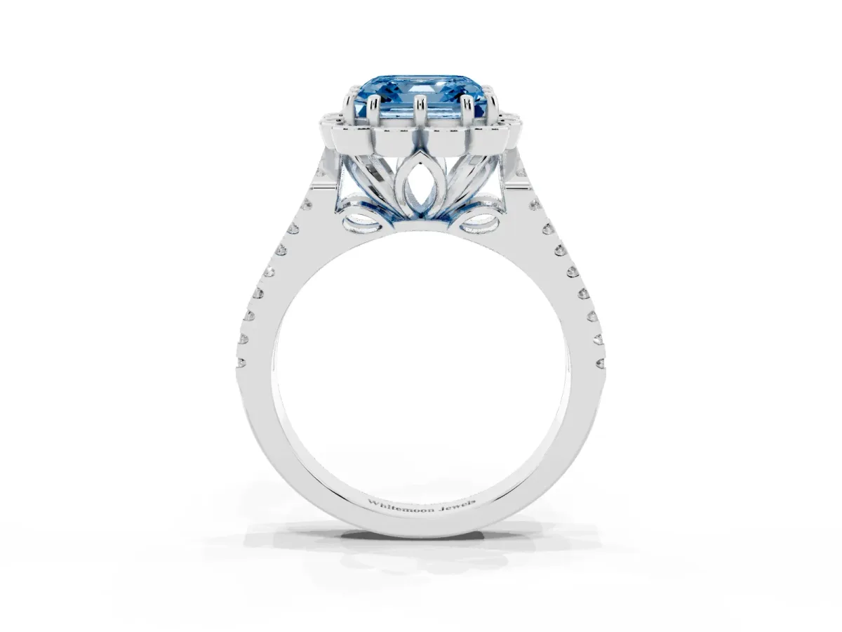 Fancy Blue Asscher Cut Halo Diamond Floral Split Shank Engagement Ring Platinum