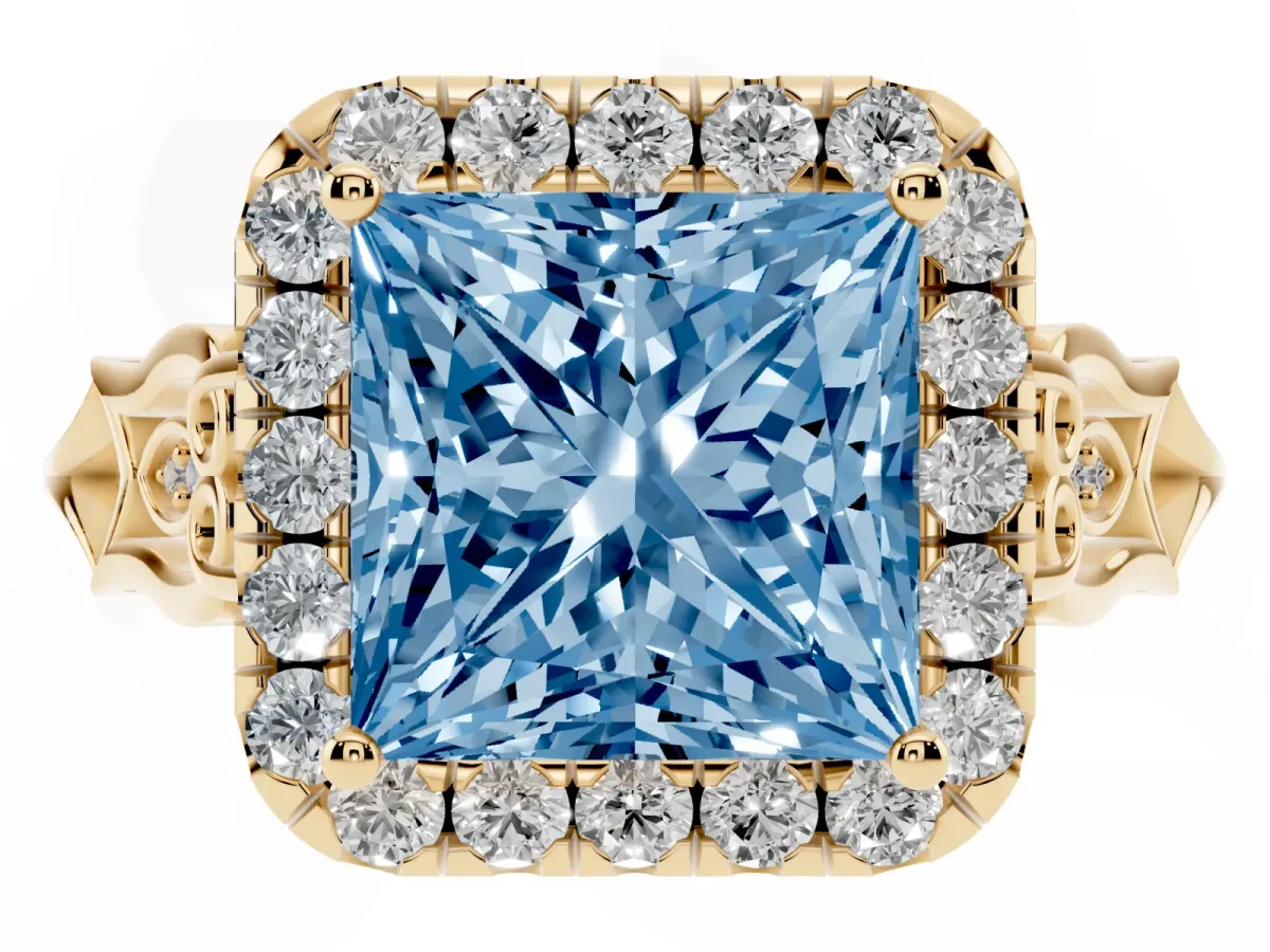 Fancy Blue Princess Cut Halo Diamond Engagement Ring with Filigree Band and Four-Prong Setting Yellow gold