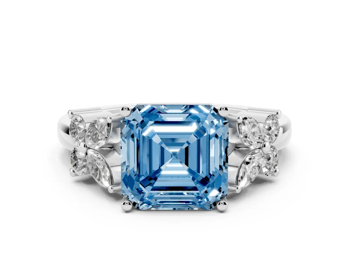 Fancy Blue Princess Cut Diamond Floral Cluster Ring with Solitaire Band and Prong Setting Platinum