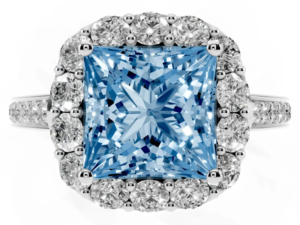 Fancy Blue Princess Cut Diamond Floral Halo Ring with Pavé Band and Prong Setting Silver