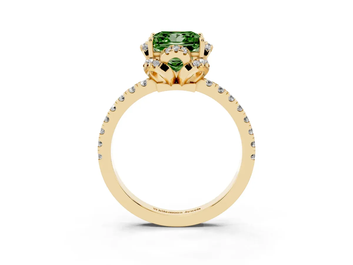 Fancy Green Princess Cut Diamond Halo Pave Band with Four-Prong Setting Yellow gold