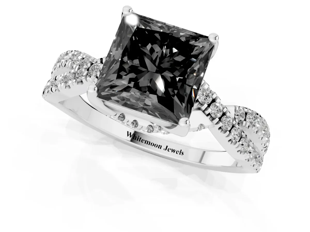 Fancy Black Princess Cut Solitaire Twist Pave Diamond Engagement Ring with Prong Setting Silver