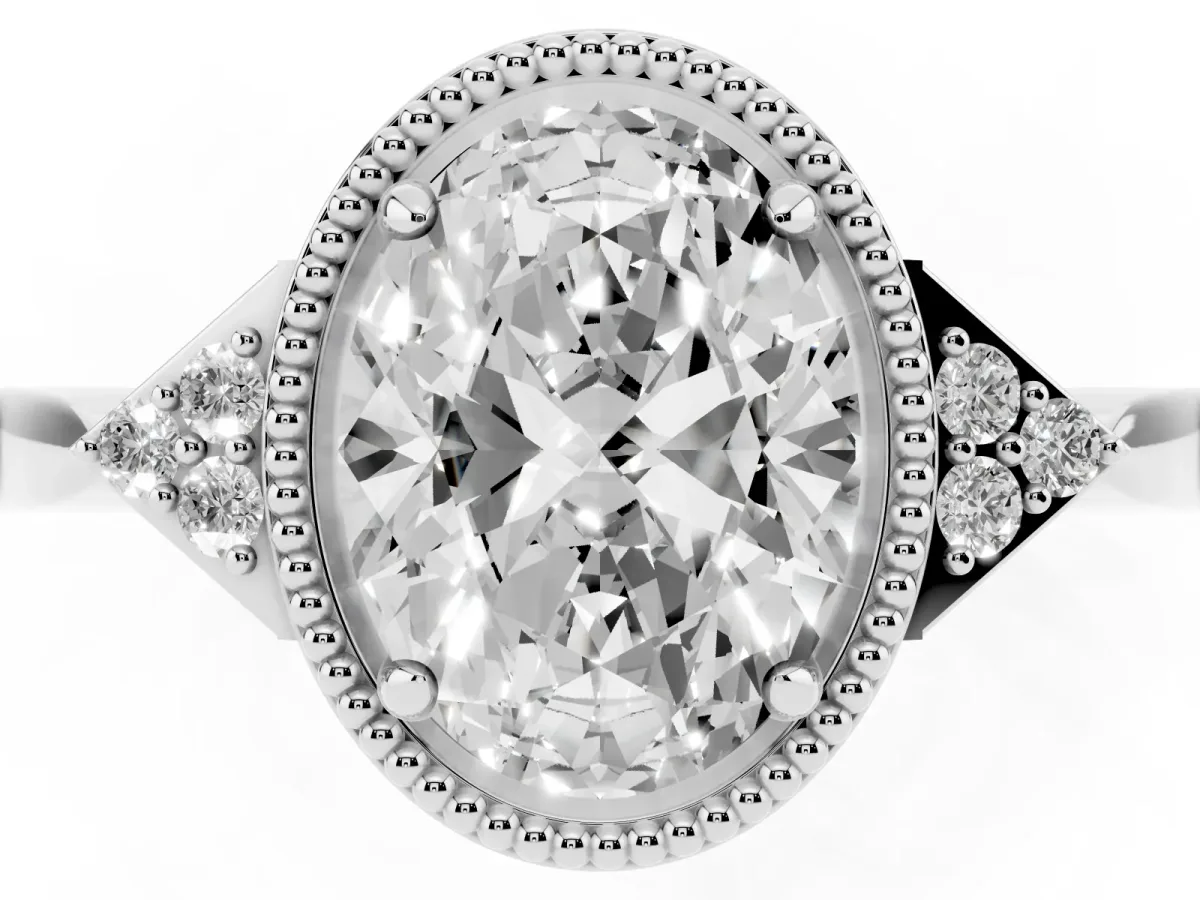 Hexagonal Halo Oval Cut Diamond Solitaire with Pavé Band and Four-Prong Setting Platinum