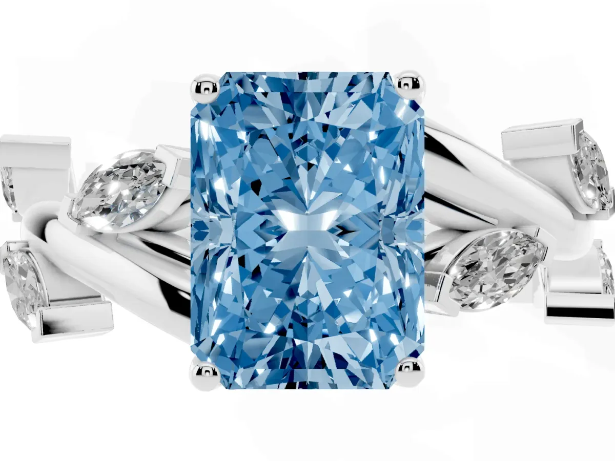 Fancy Blue Radiant Cut Solitaire Twisted Band Marquise Accent Prong Setting Ring Platinum