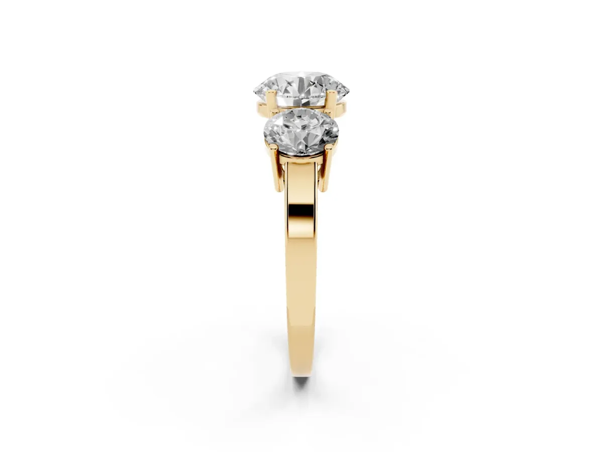 Three-Stone Round Cut Cut Diamond Engagement Ring with Flat Band and Four-Prong Setting Yellow gold