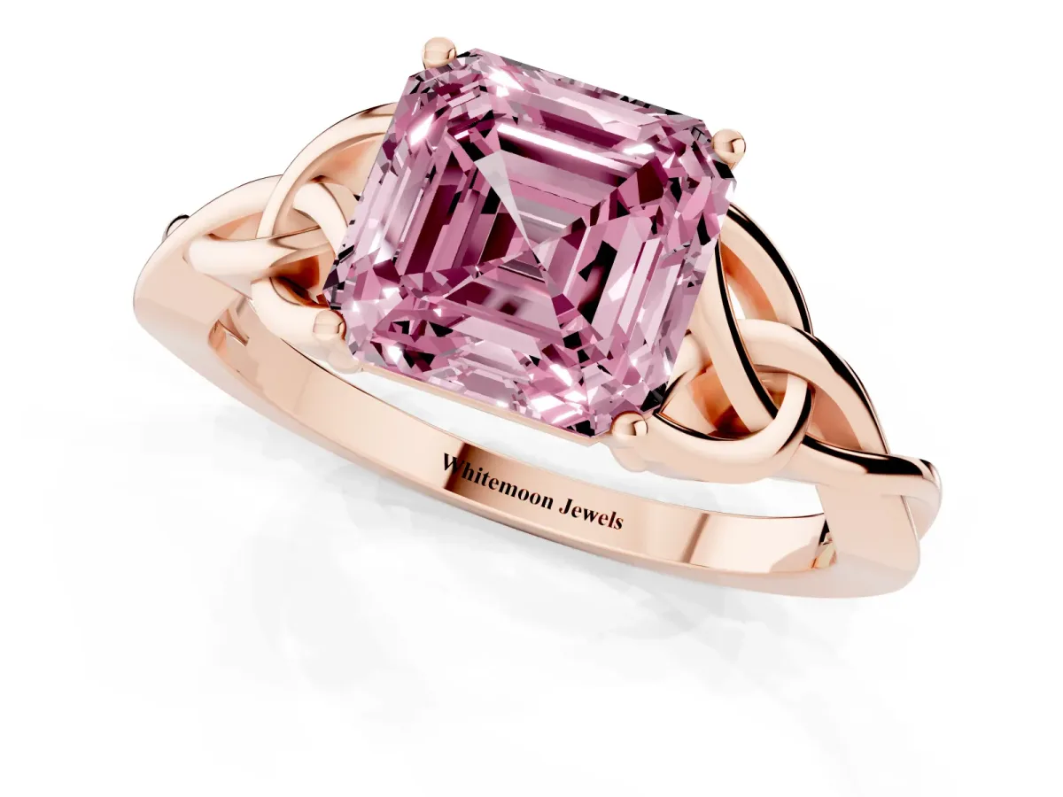 Fancy Pink Asscher Cut Diamond Solitaire Engagement Ring with Celtic Knot Band and Four-Prong Setting Rose gold
