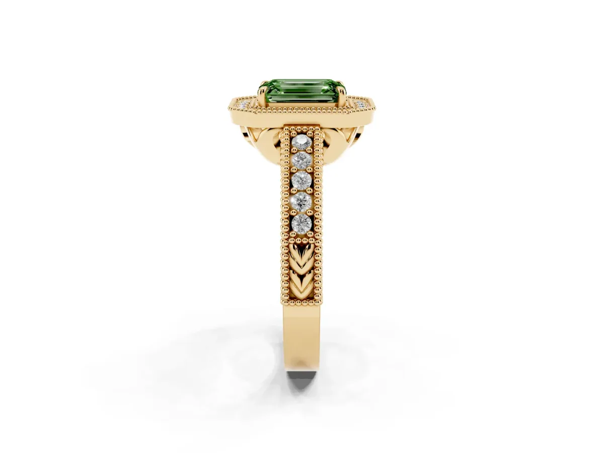 Fancy Green Emerald Cut Cut Halo Diamond Ring with Pavé Band and Four-Prong Setting Yellow gold
