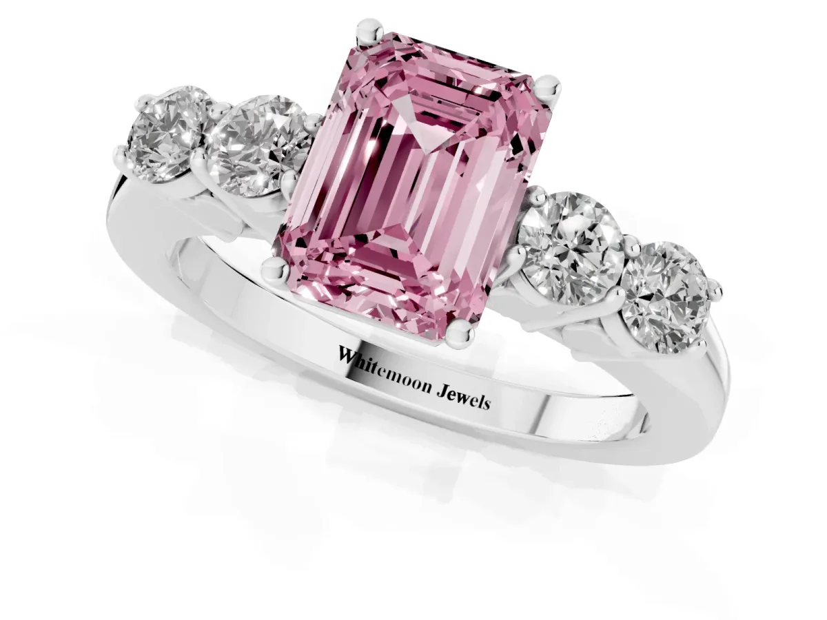 Fancy Pink Emerald Cut Cut Diamond Five-Stone Prong Set White Gold Ring Silver