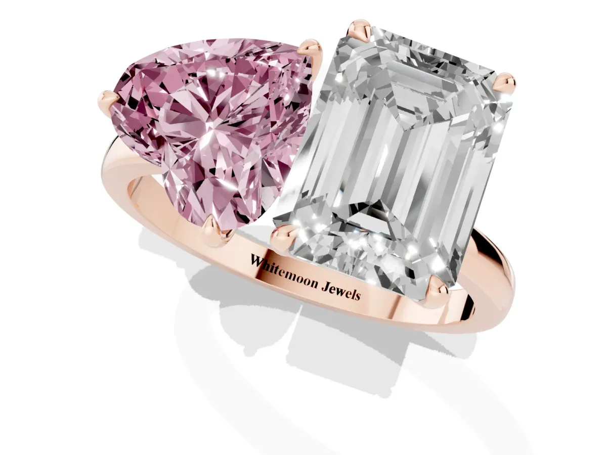 Fancy Pink Heart Cut and Emerald Cut Toi Moi Ring with Prong Setting Rose gold