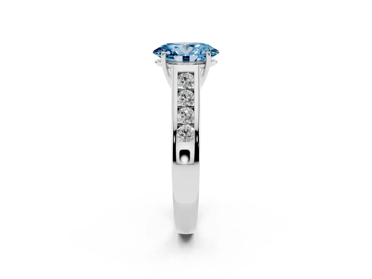 Fancy Blue Oval Cut Solitaire Channel-Set Diamond Engagement Ring with Four-Prong Setting Silver