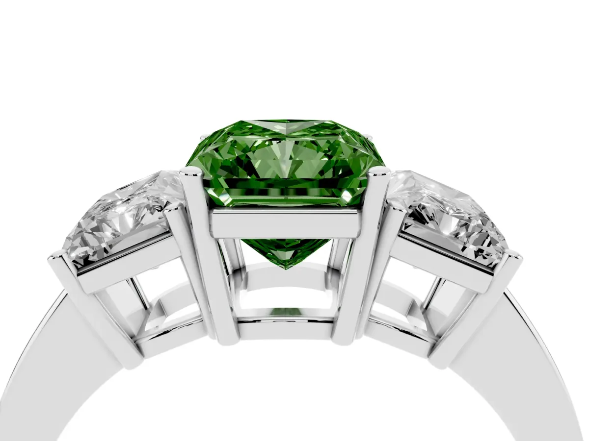 Fancy Green Three-Stone Radiant Cut Cut Diamond Engagement Ring with Flat Band and Four-Prong Setting Silver