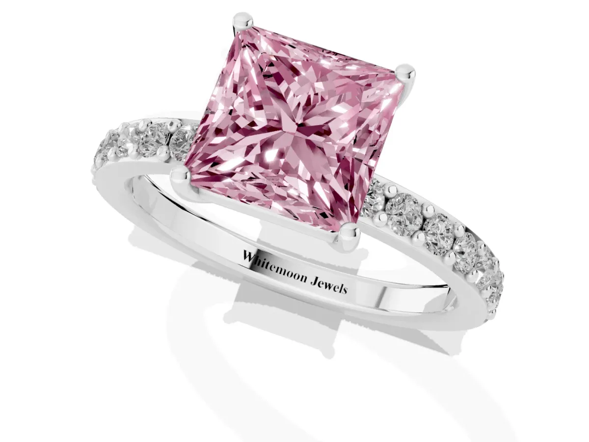Fancy Pink Princess Cut Cut Diamond Solitaire with Pave Band and Four-Prong Setting Silver