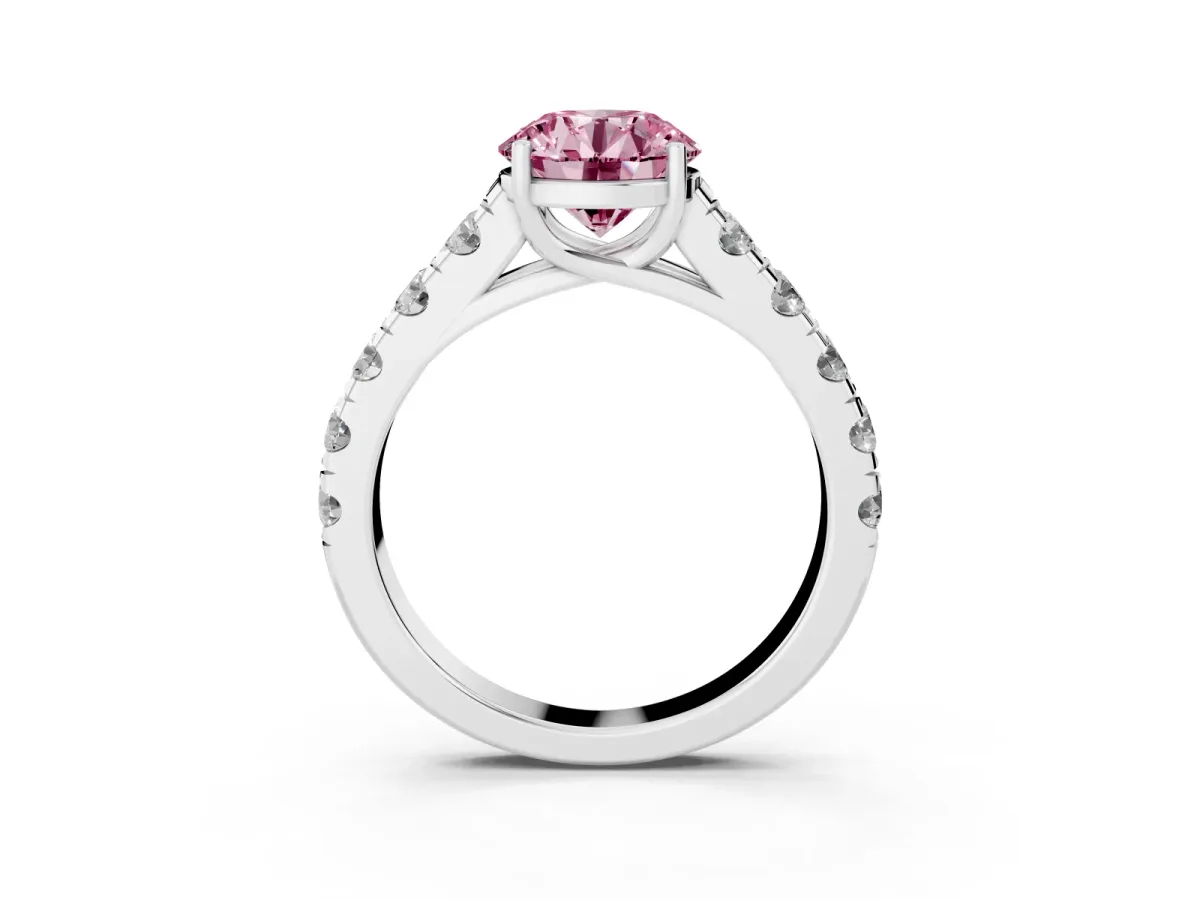 Fancy Pink Round Cut Cut Diamond Solitaire Ring with Micro Pave Band and Prong Setting Silver