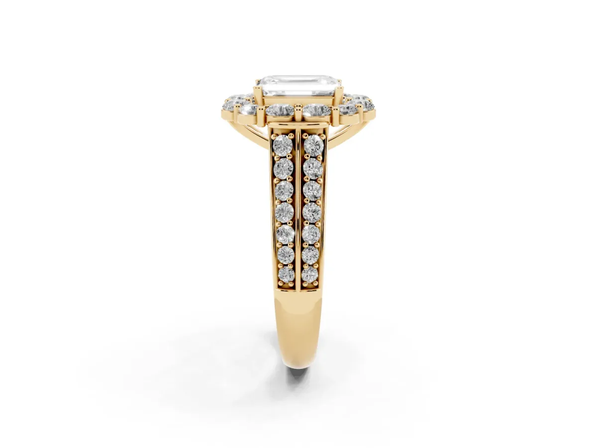 Emerald Cut Halo Diamond Engagement Ring with Split Shank and Prong Setting Yellow gold