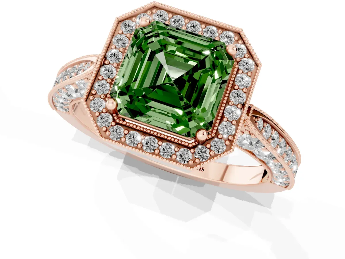 Fancy Green Asscher Cut Halo Diamond Engagement Ring with Split Shank Band and Four-Prong Setting Rose gold