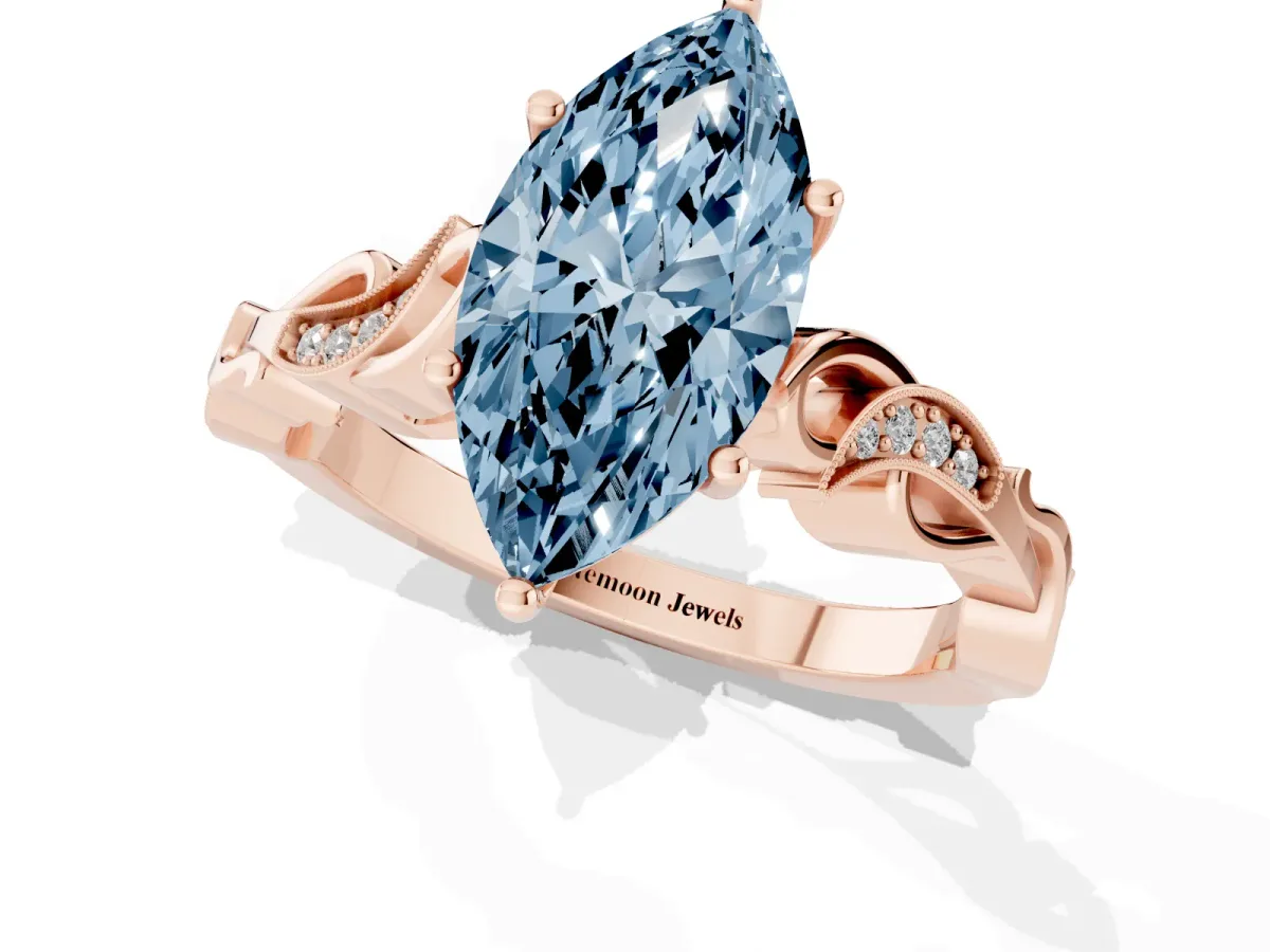 Fancy Blue Marquise Cut Solitaire Vine Band with Milgrain Prong Setting Rose gold