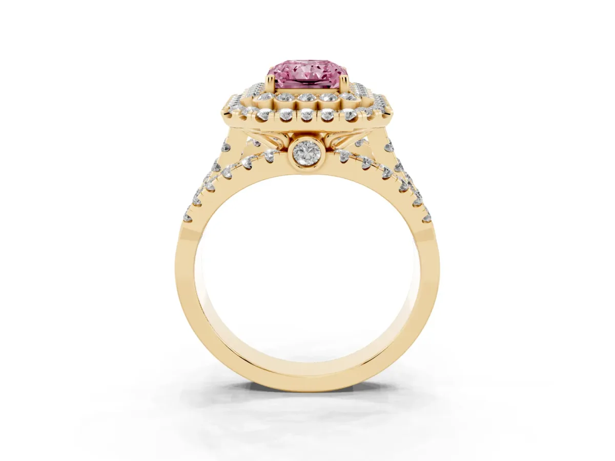 Fancy Pink Radiant Cut Diamond Double Halo Ring with Round Pavé Split Shank and Prong Setting Yellow gold