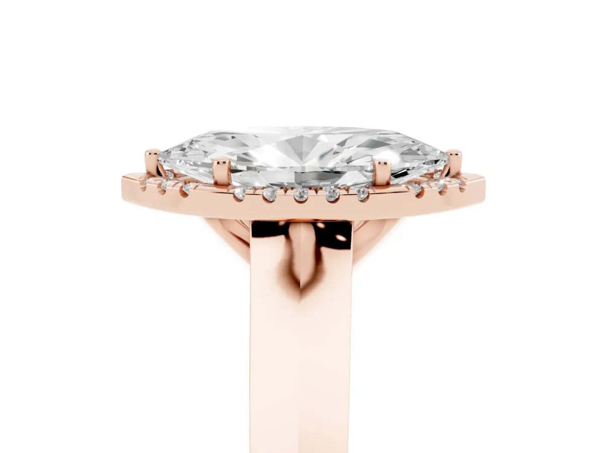 Marquise Cut Halo Diamond Ring with Cathedral Band and Four-Prong Setting Rose gold
