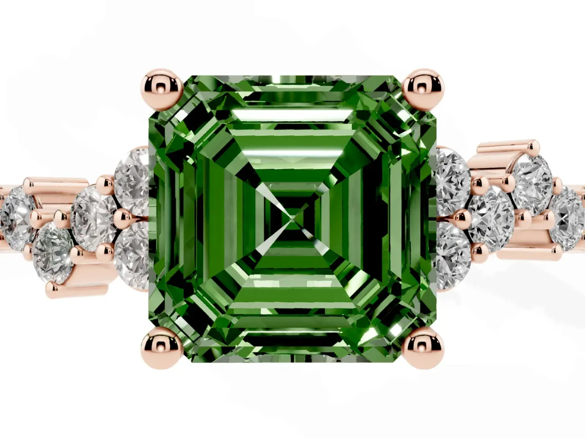 Fancy Green Asscher Cut Diamond Scattered Round Accent Ring with Prong Setting Rose gold