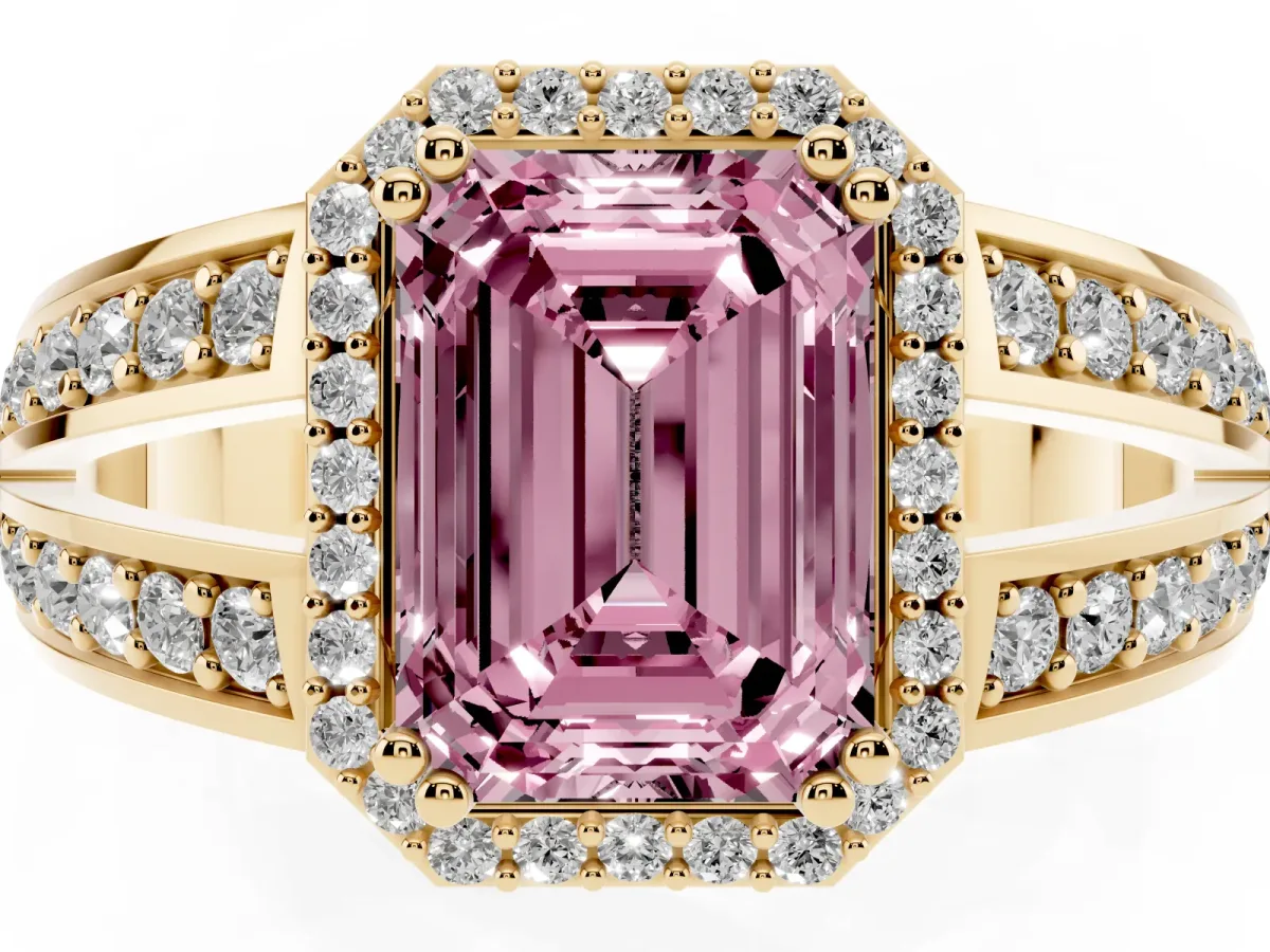 Fancy Pink Emerald Cut Diamond Halo Ring with Split Shank Pavé Band and Four-Prong Setting Yellow gold