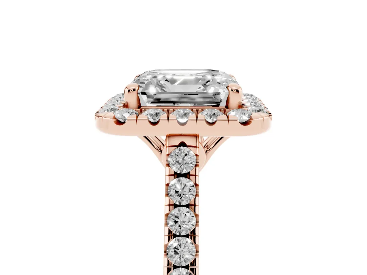Asscher Cut Halo Pavé Diamond Engagement Ring with Four-Prong Setting Rose gold