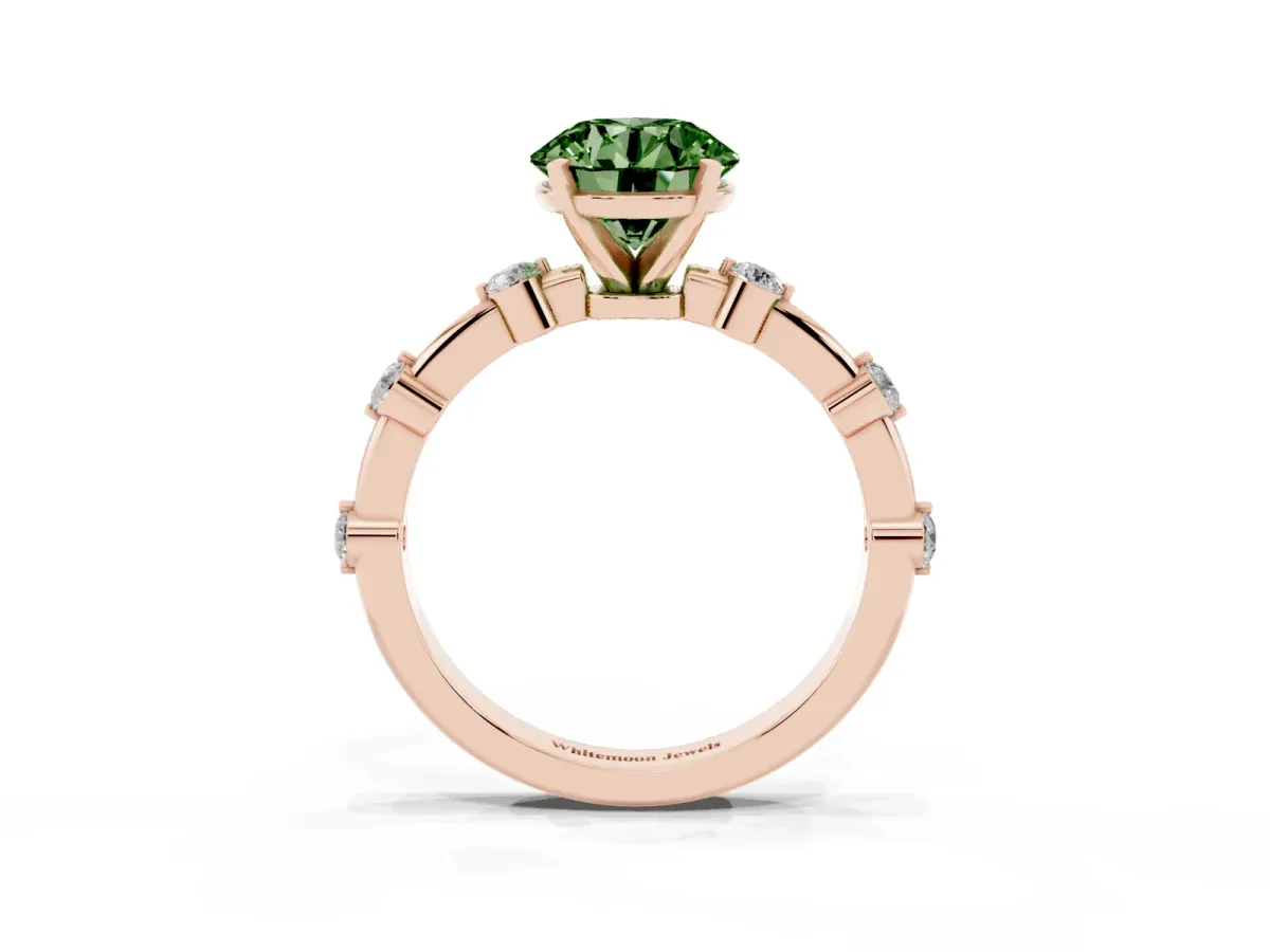 Fancy Green Round Cut Solitaire Diamond Ring with Bezel Set Side Stones and Prong Setting Rose gold