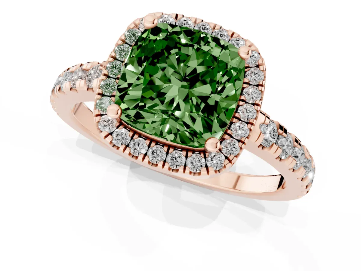 Fancy Green Cushion Cut Diamond Halo Ring with Pavé Band and Four-Prong Setting Rose gold