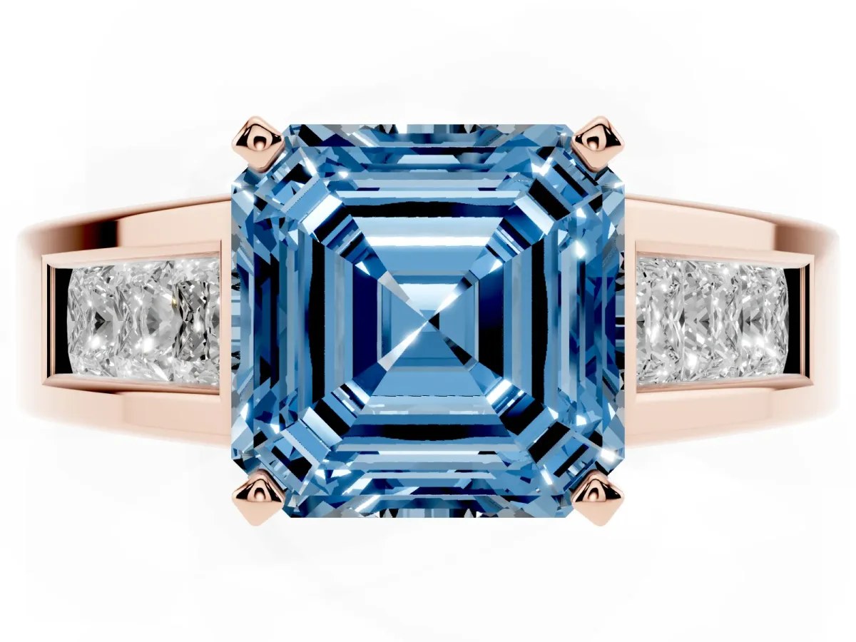 Fancy Blue Asscher Cut Cut Channel Set Solitaire Ring with Four-Prong Setting Rose gold