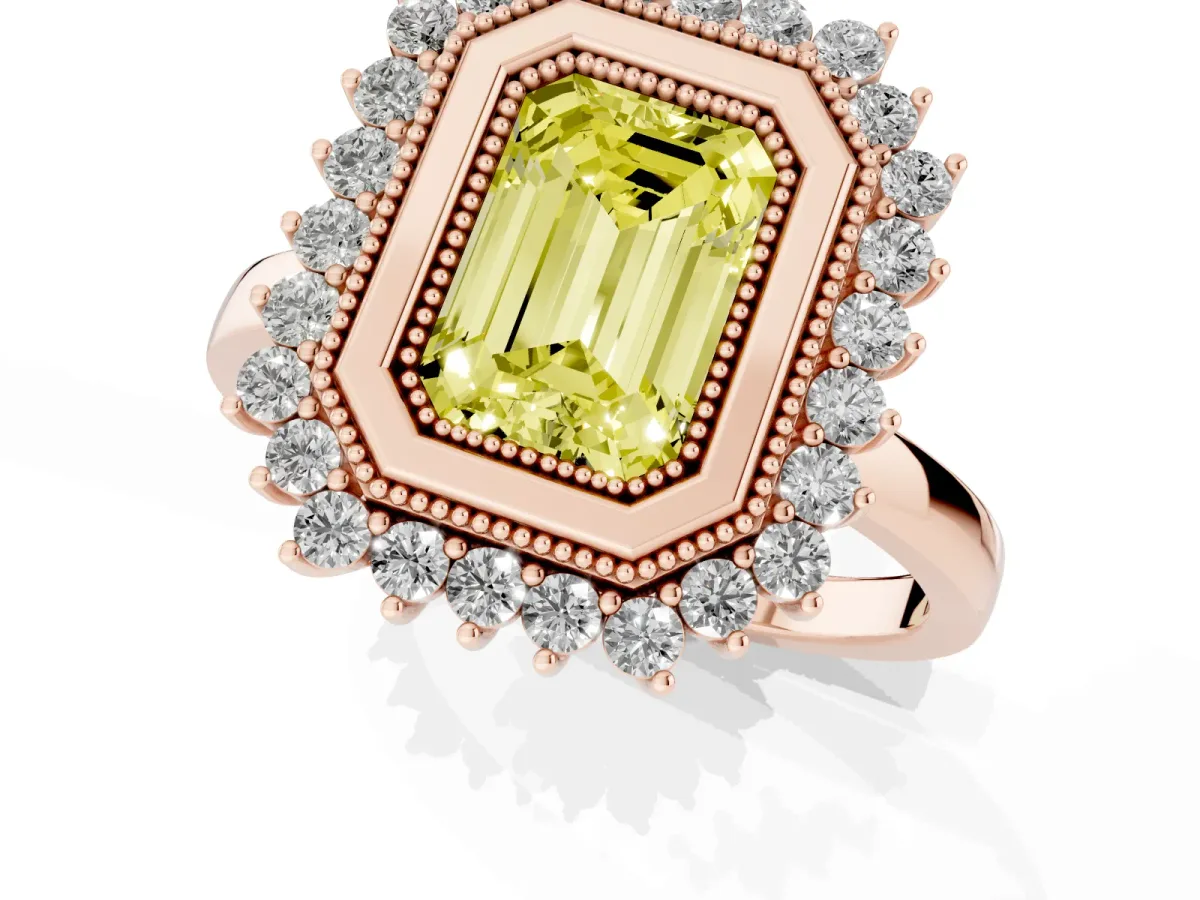 Fancy Yellow Emerald Cut Halo Diamond Ring with Milgrain Edge and Round Prong Setting Rose gold