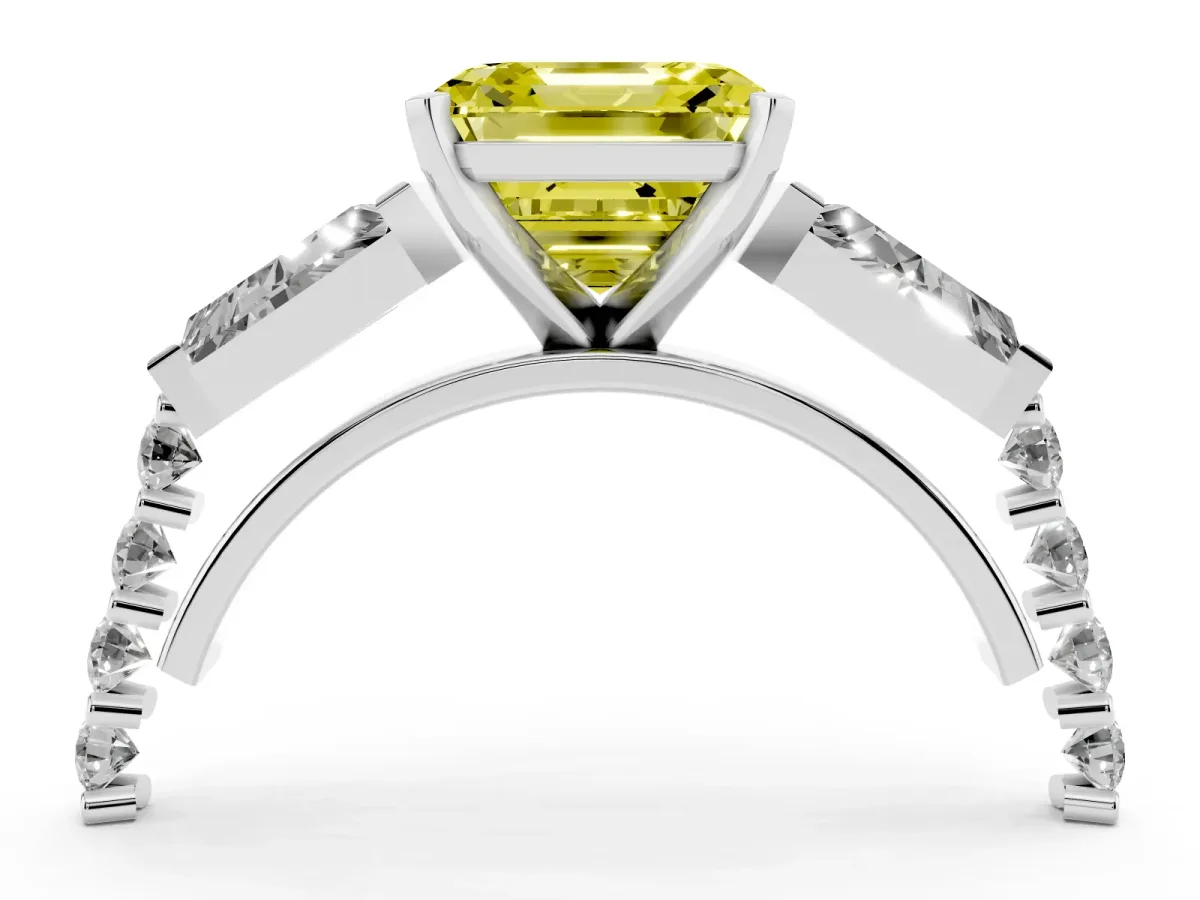 Fancy Yellow Asscher Cut Diamond Engagement Ring with Baguette Side Stones and Channel Set Band Platinum