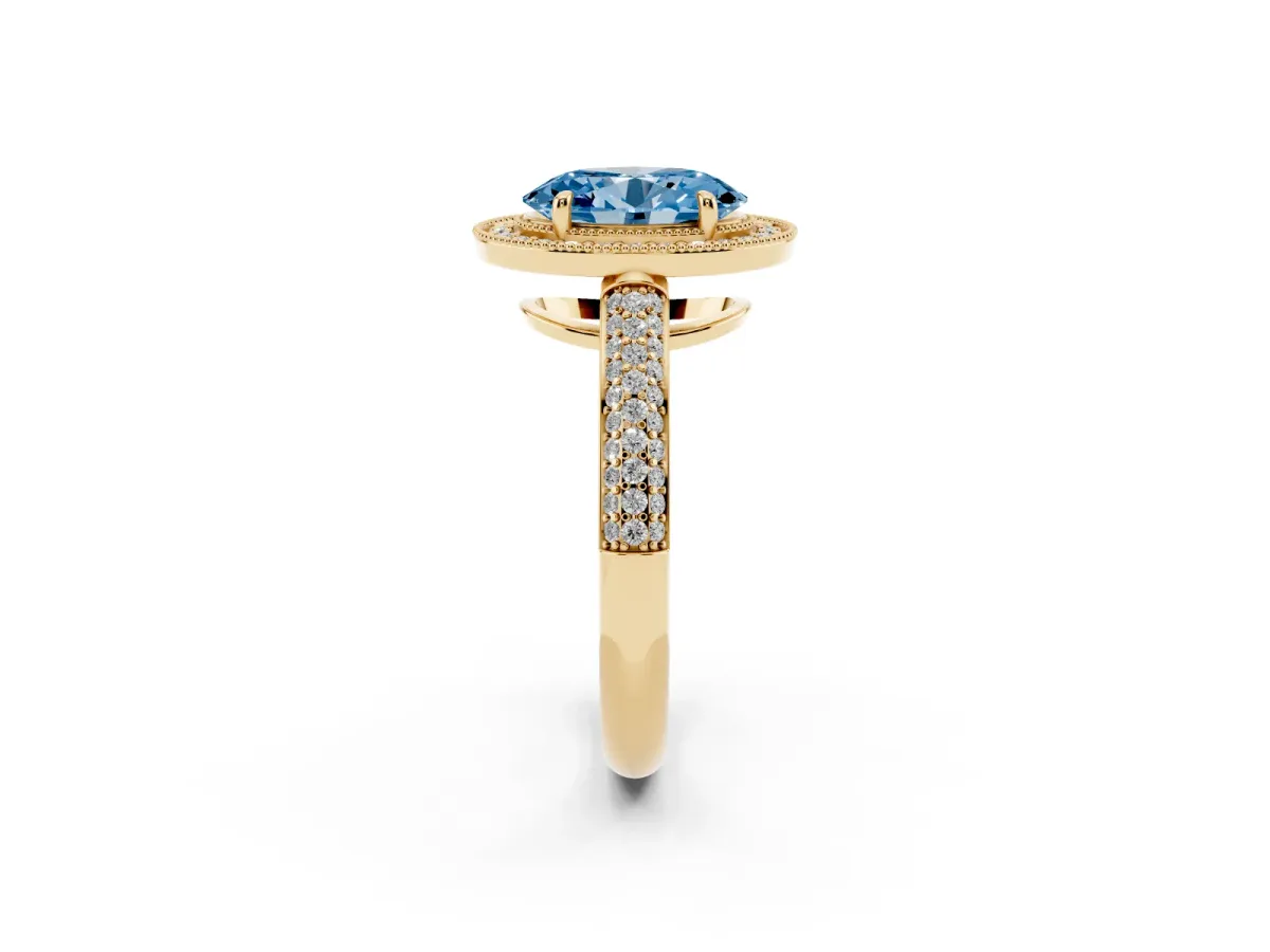 Fancy Blue Oval Cut Cut Halo Diamond Pave Band with Four-Prong Setting Yellow gold