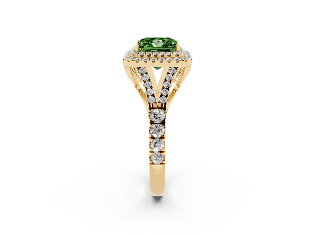 Fancy Green Princess Cut Diamond Pavé Split Shank Double Halo Engagement Ring Yellow gold