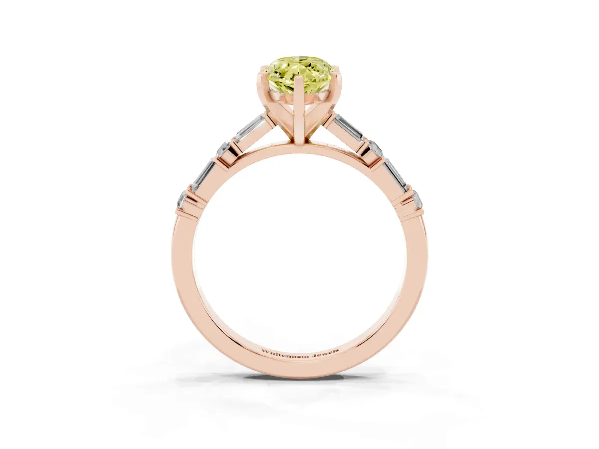 Fancy Yellow Marquise Cut Diamond Solitaire with Side Baguettes and Channel Set Band Rose gold