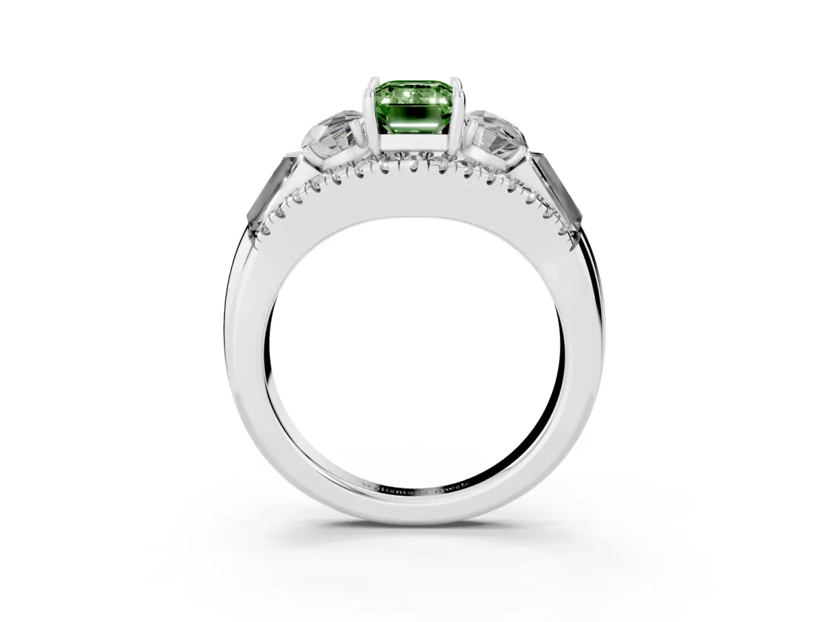 Fancy Green Three-Stone Emerald Cut Diamond Engagement Ring with Pave Band and Prong Setting Silver