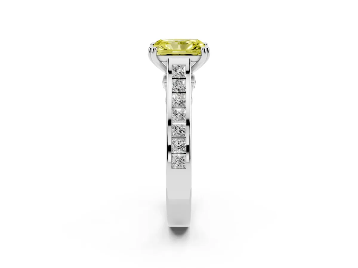 Fancy Yellow Radiant Cut Cut Channel Set Solitaire Engagement Ring with Prong Setting Silver